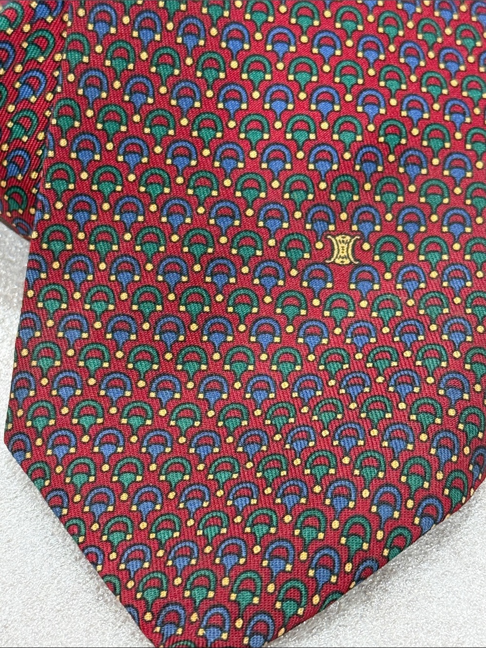 Celine  Paris Vintage Red Silk Neck Tie with  Red and Blue Motif made in Spain